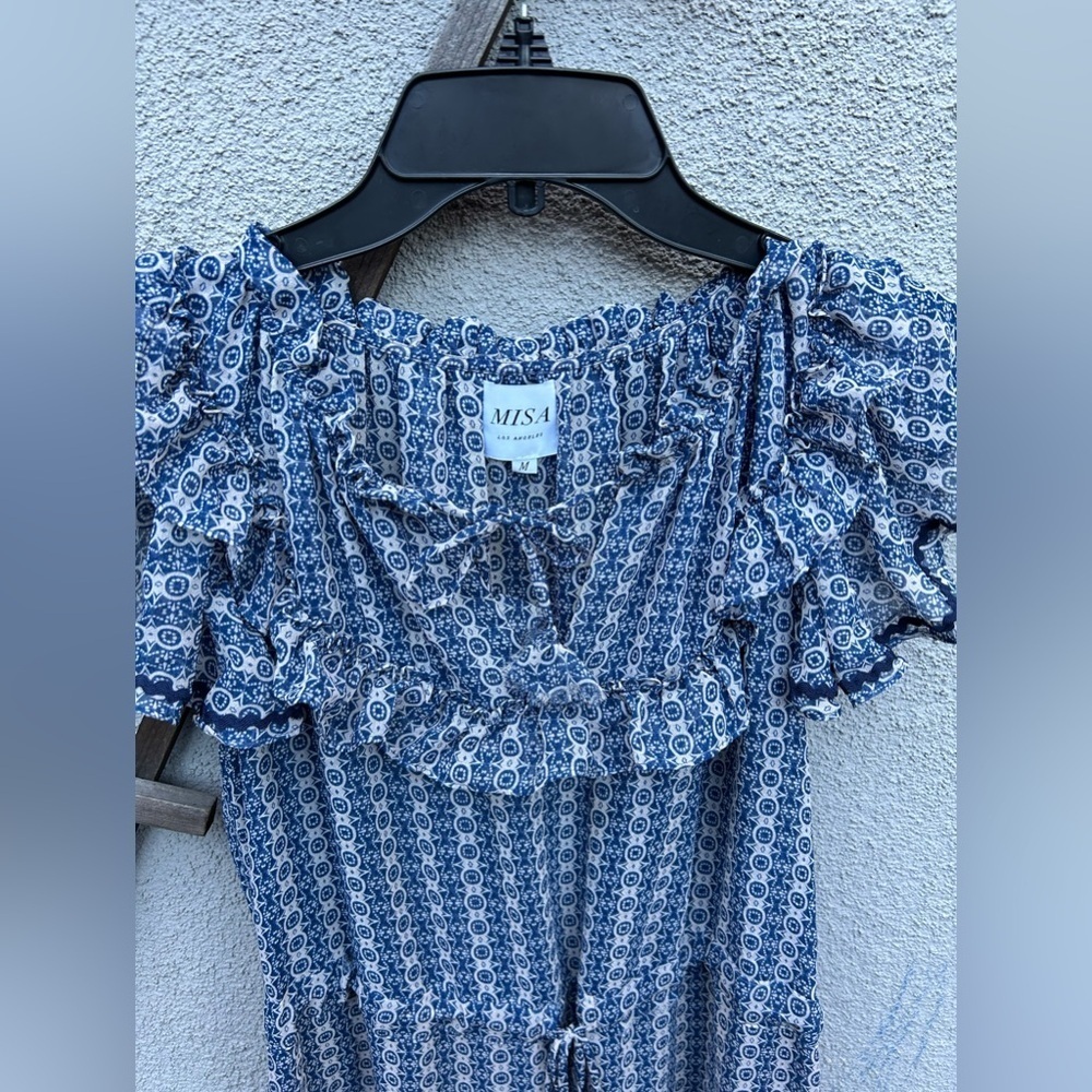 MISA Los Angeles Melissa Dress Blue Geometric Printed Chiffon Ruffled - Picture 5 of 7